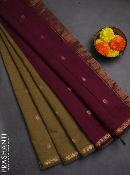 Semi maheswai cotton saree military green and wine shade with zari woven buttas and zari woven border