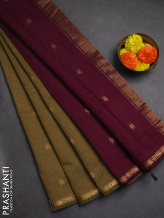 Semi maheswai cotton saree military green and wine shade with zari woven buttas and zari woven border