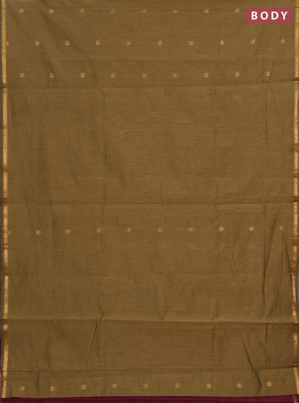 Semi maheswai cotton saree military green and wine shade with zari woven buttas and zari woven border