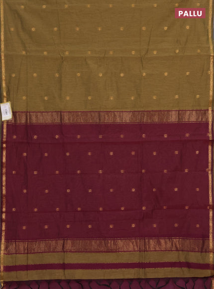 Semi maheswai cotton saree military green and wine shade with zari woven buttas and zari woven border