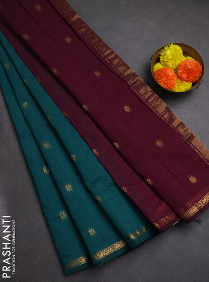 Semi maheswai cotton saree peacock green and wine shade with zari woven buttas and zari woven border