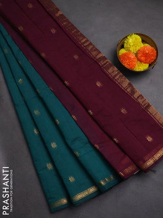 Semi maheswai cotton saree peacock green and wine shade with zari woven buttas and zari woven border