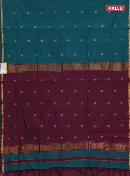 Semi maheswai cotton saree peacock green and wine shade with zari woven buttas and zari woven border