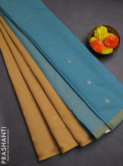 Semi maheswai cotton saree yellow shade and teal blue with zari woven buttas and zari woven border
