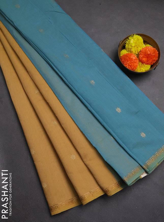 Semi maheswai cotton saree yellow shade and teal blue with zari woven buttas and zari woven border