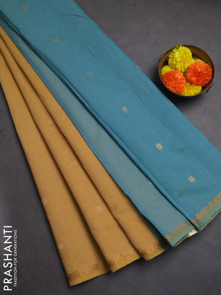 Semi maheswai cotton saree yellow shade and teal blue with zari woven buttas and zari woven border