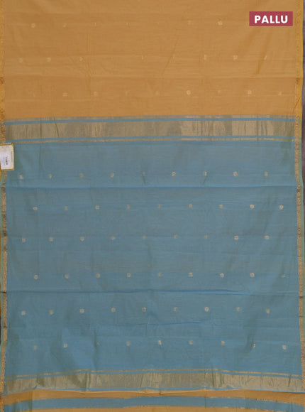 Semi maheswai cotton saree yellow shade and teal blue with zari woven buttas and zari woven border
