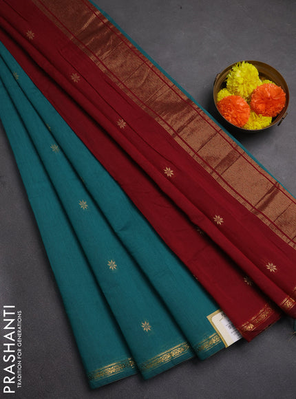 Semi maheswai cotton saree teal green and maroon with zari woven buttas and zari woven border