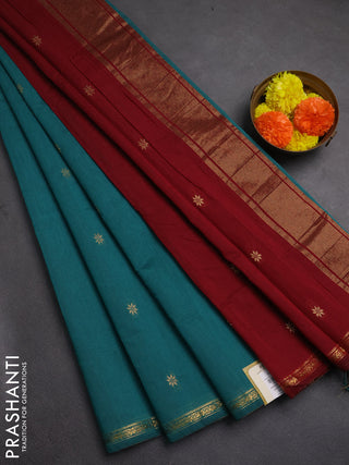 Semi maheswai cotton saree teal green and maroon with zari woven buttas and zari woven border