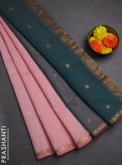 Semi maheswai cotton saree light pink and teal green with zari woven buttas and zari woven border