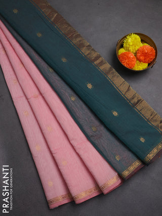 Semi maheswai cotton saree light pink and teal green with zari woven buttas and zari woven border