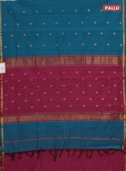 Semi maheswai cotton saree teal green and dark magenta pink with zari woven buttas and zari woven border