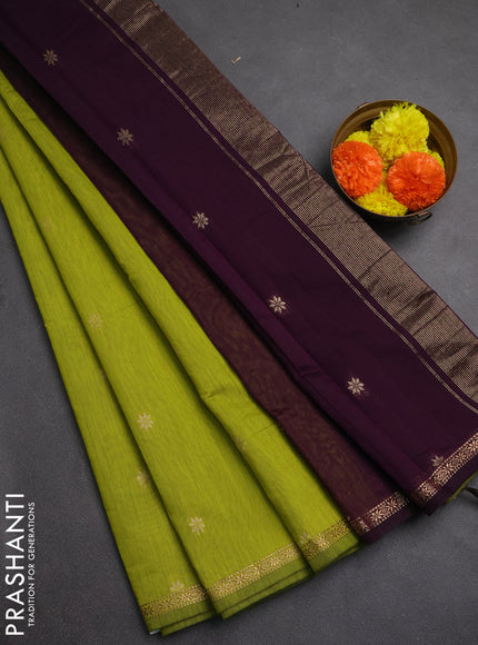Semi maheswai cotton saree lime green and wine shade with zari woven buttas and zari woven border