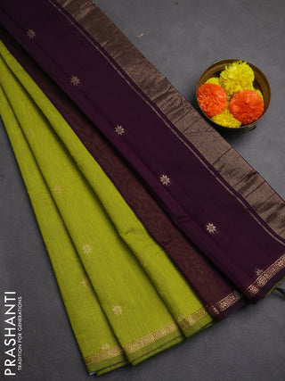 Semi maheswai cotton saree lime green and wine shade with zari woven buttas and zari woven border