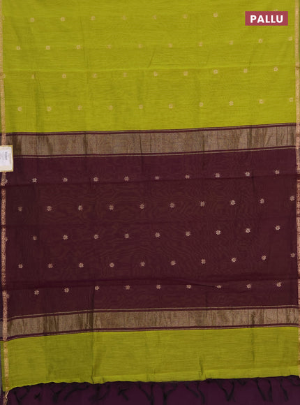 Semi maheswai cotton saree lime green and wine shade with zari woven buttas and zari woven border
