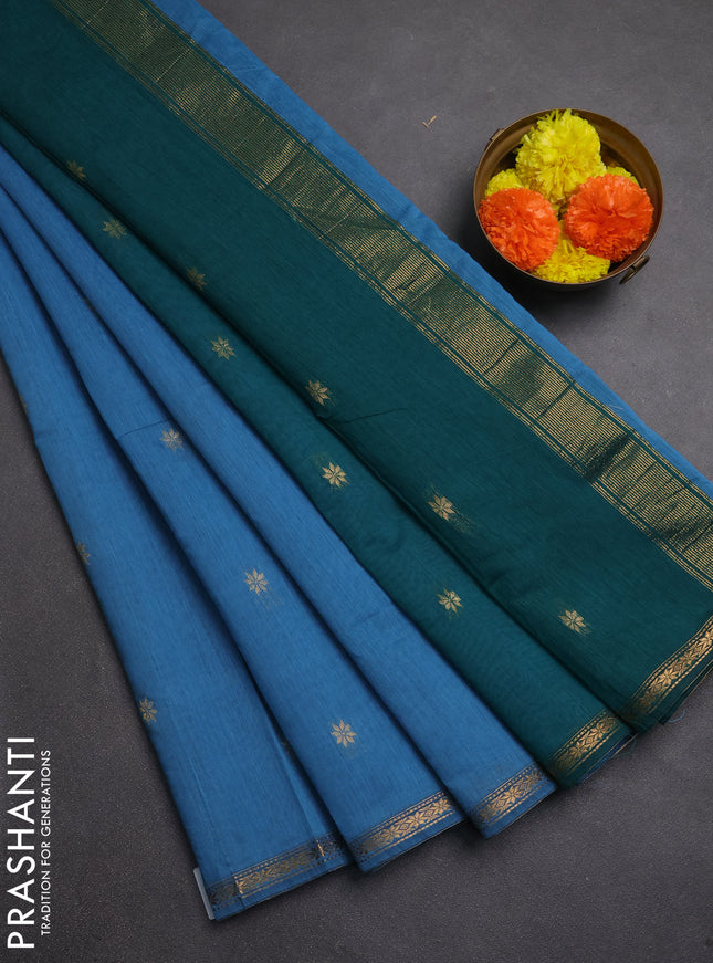 Semi maheswai cotton saree blue and peacock green with zari woven buttas and zari woven border