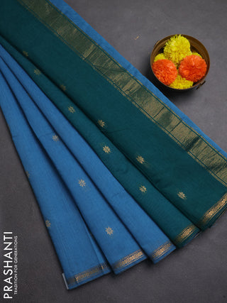 Semi maheswai cotton saree blue and peacock green with zari woven buttas and zari woven border