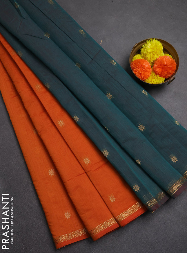 Semi maheswai cotton saree orange and peaccock green with zari woven buttas and zari woven border