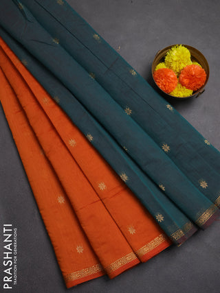 Semi maheswai cotton saree orange and peaccock green with zari woven buttas and zari woven border