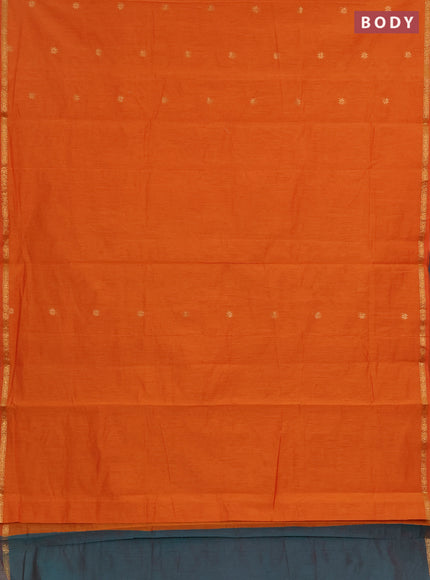 Semi maheswai cotton saree orange and peaccock green with zari woven buttas and zari woven border