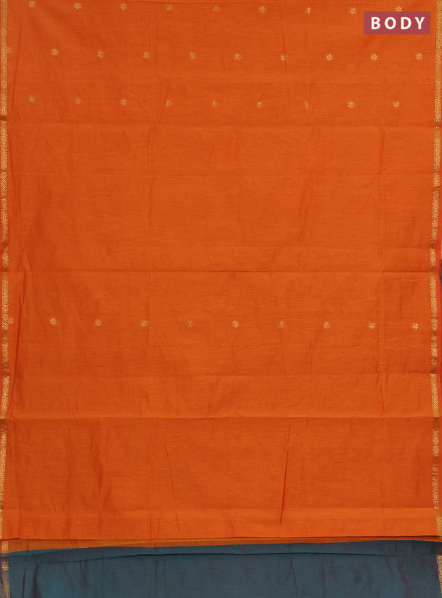 Semi maheswai cotton saree orange and peaccock green with zari woven buttas and zari woven border