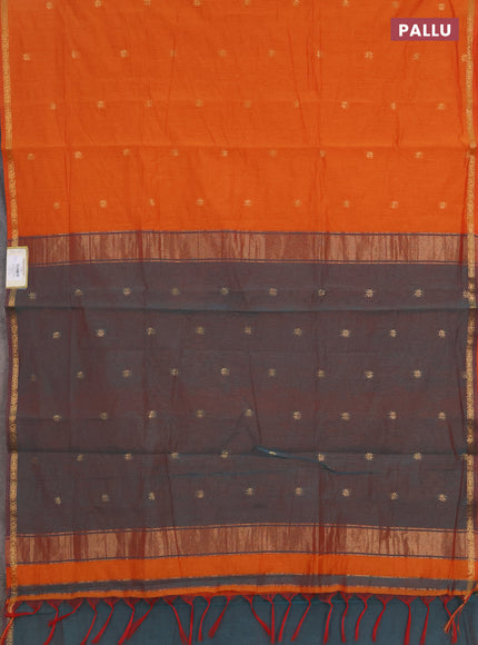 Semi maheswai cotton saree orange and peaccock green with zari woven buttas and zari woven border
