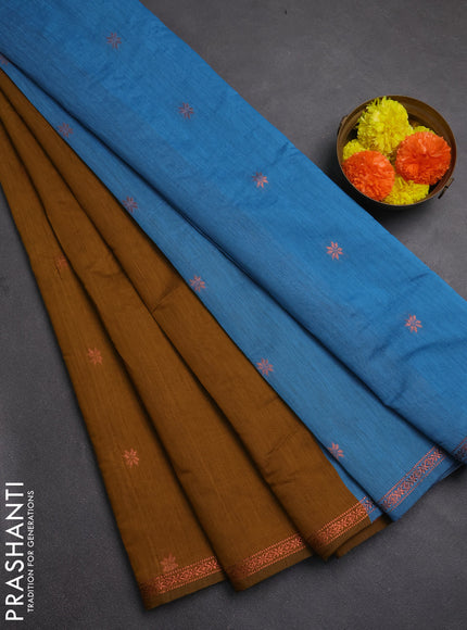 Semi maheswai cotton saree dark mustard and blue with zari woven buttas and zari woven border