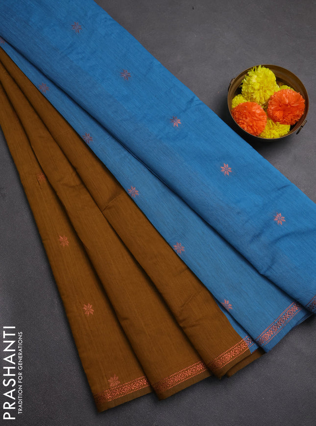 Semi maheswai cotton saree dark mustard and blue with zari woven buttas and zari woven border