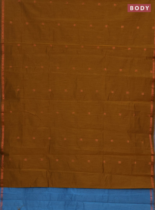 Semi maheswai cotton saree dark mustard and blue with zari woven buttas and zari woven border
