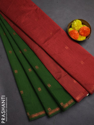 Semi maheswai cotton saree green and maroon shade with zari woven buttas and zari woven border