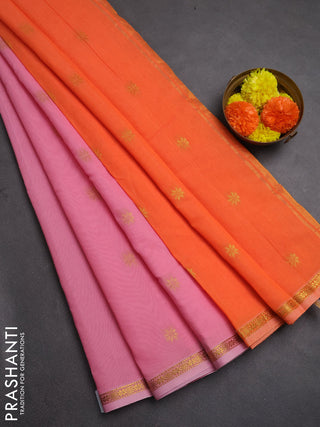 Semi maheswai cotton saree light pink and orange with zari woven buttas and zari woven border