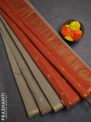 Semi maheswai cotton saree beige and rustic orange with zari woven buttas and zari woven border