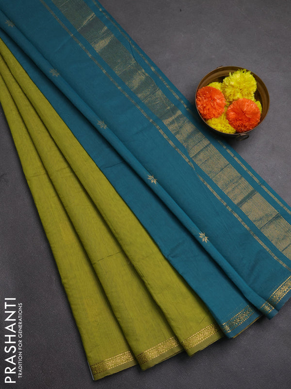 Semi maheswai cotton saree lime green and teal blue with zari woven buttas and zari woven border
