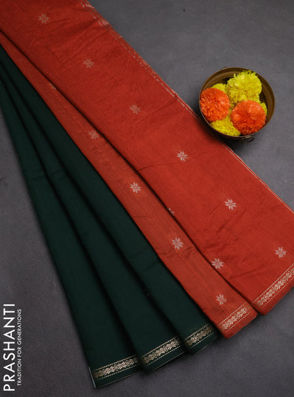 Semi maheswai cotton saree bottle green and rustic orange with zari woven buttas and zari woven border