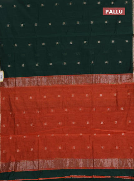 Semi maheswai cotton saree bottle green and rustic orange with zari woven buttas and zari woven border