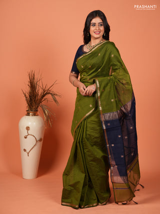 Semi maheswai cotton saree navy blue and green with zari woven buttas and zari woven border