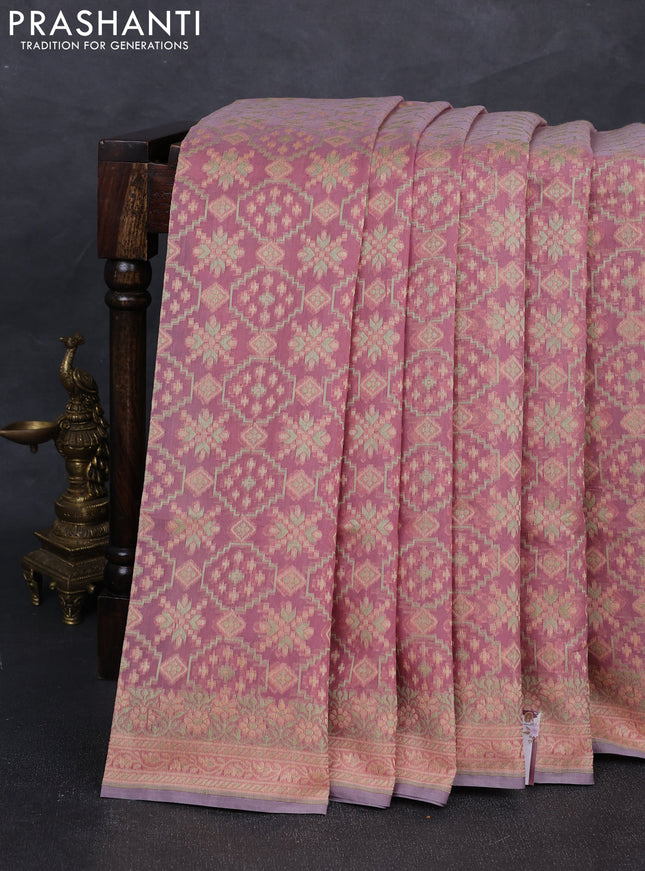 Banarasi cotton saree pastel pink with allover thread weaves and woven border
