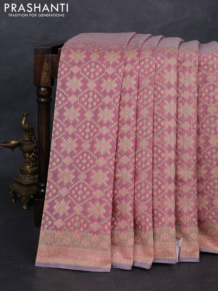 Banarasi cotton saree pastel pink with allover thread weaves and woven border