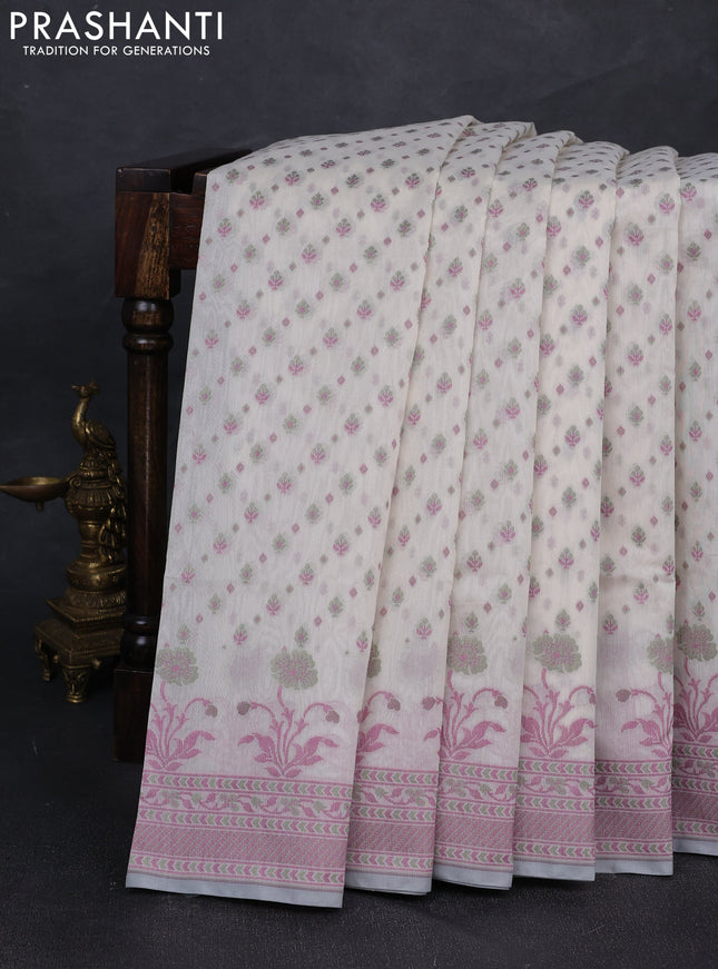 Banarasi cotton saree off white and mauve pink with thread woven butta weaves and woven border