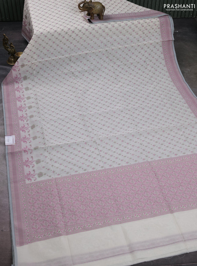 Banarasi cotton saree off white and mauve pink with thread woven butta weaves and woven border
