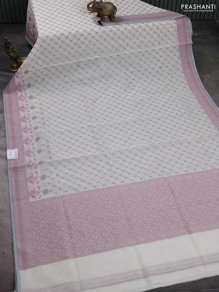 Banarasi cotton saree off white and mauve pink with thread woven butta weaves and woven border