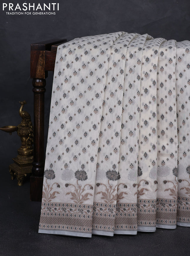 Banarasi cotton saree off white and grey with thread woven butta weaves and woven border