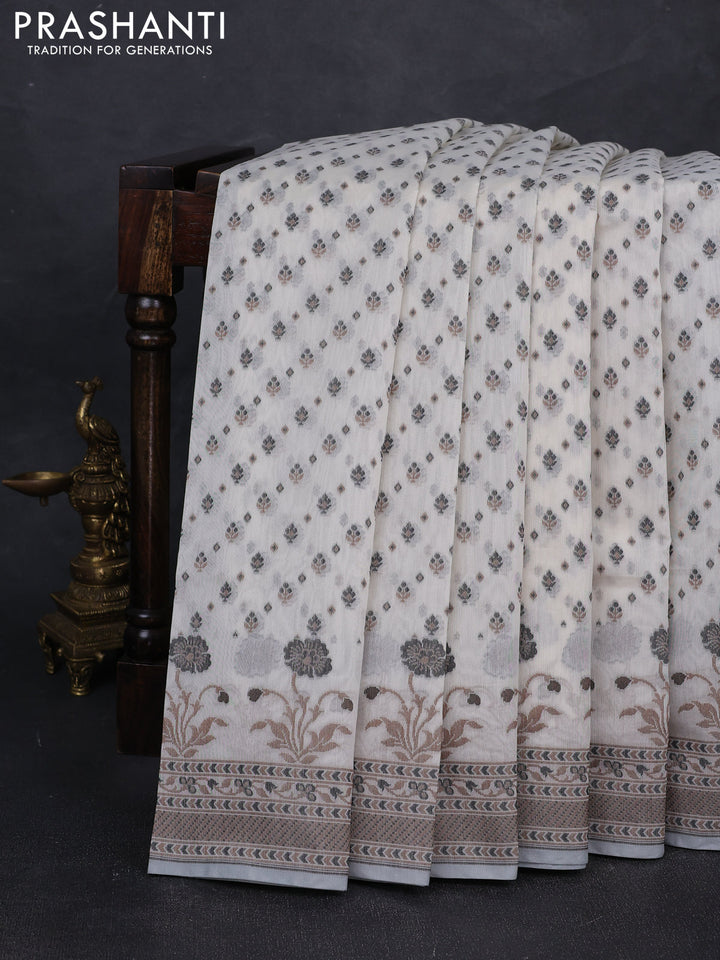 Banarasi cotton saree off white and grey with thread woven butta weaves and woven border