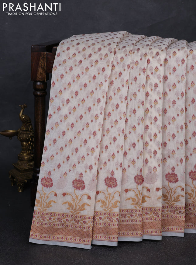 Banarasi cotton saree off white and maroon with thread woven butta weaves and woven border
