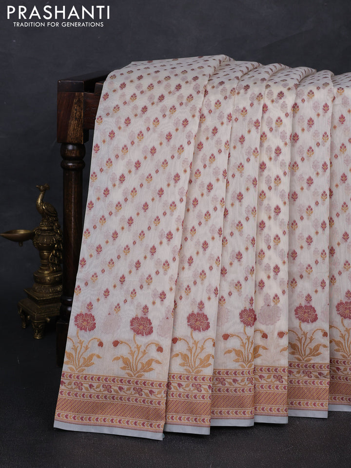Banarasi cotton saree off white and maroon with thread woven butta weaves and woven border