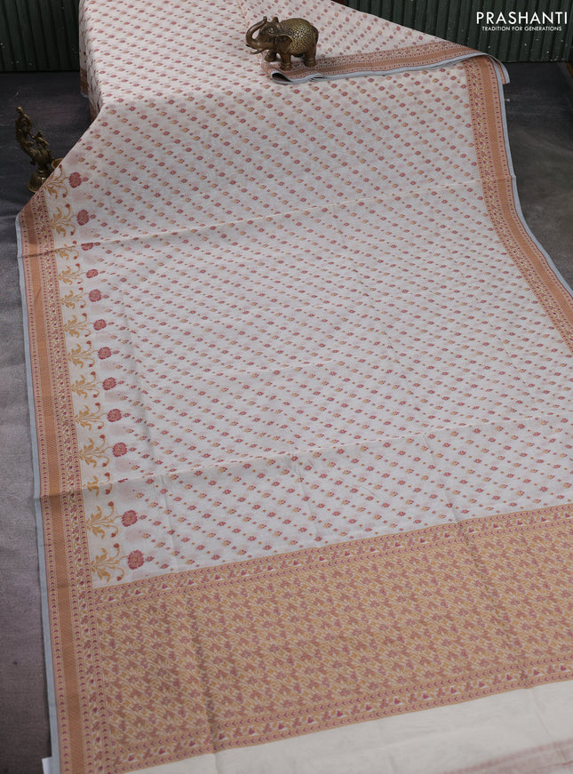 Banarasi cotton saree off white and maroon with thread woven butta weaves and woven border