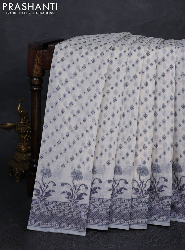 Banarasi cotton saree off white and navy blue with thread woven butta weaves and woven border