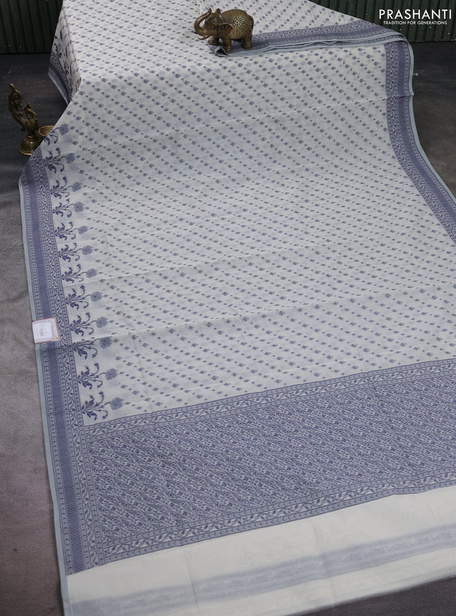 Banarasi cotton saree off white and navy blue with thread woven butta weaves and woven border