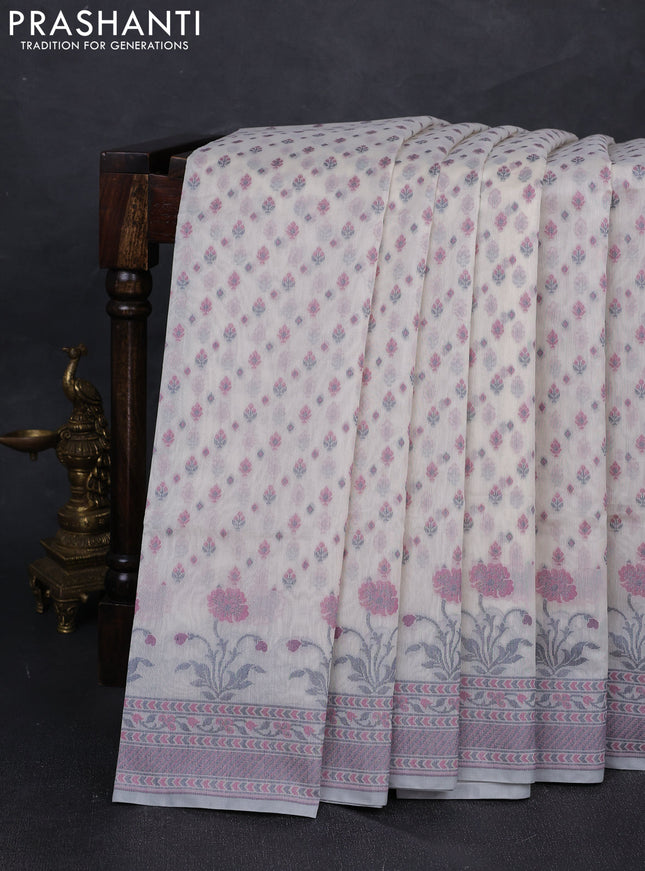 Banarasi cotton saree off white and mauve pink with thread woven butta weaves and woven border