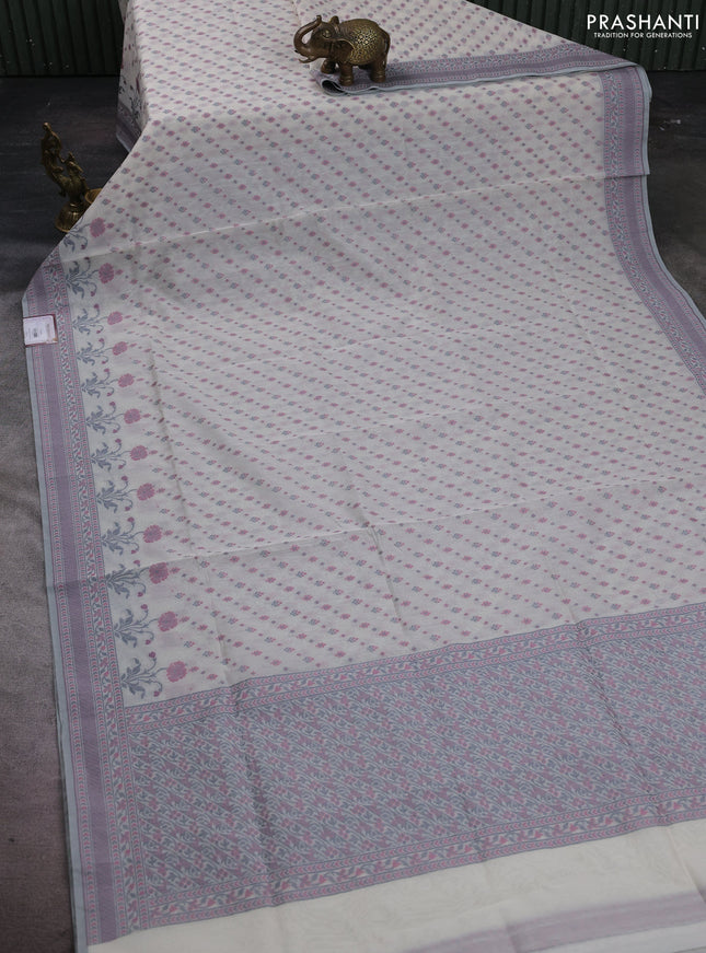 Banarasi cotton saree off white and mauve pink with thread woven butta weaves and woven border